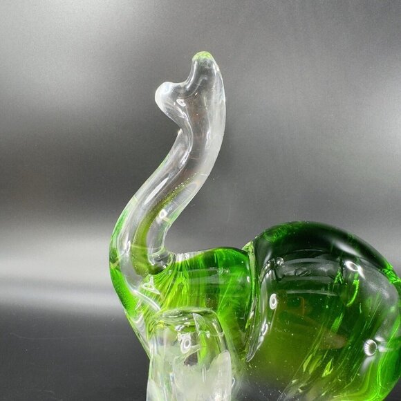 Heavy Glass Elephant Figurine Paperweight With Clear Green Spots Trunk Up Lucky - Picture 8 of 16